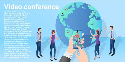 Video conference.People communicate with each other on the background of the globe using a mobile phone.Poster in business style.Flat vector illustration.