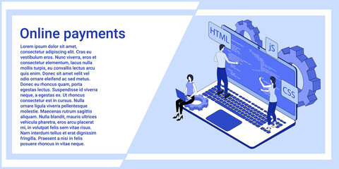 Web development.People are developing applications against the background of a large laptop.Web development.An illustration in the style of the landing page is blue.