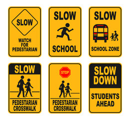 illustration set of school zone street or 

pedestrian area. pedestrians yellow signs 

isolated on white background. school sign.
