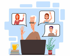 Illustration of a virtual meeting with different people who say hello. The concept of an online meeting with young men and women. Freelancers greet each other. Vector illustration in a flat style