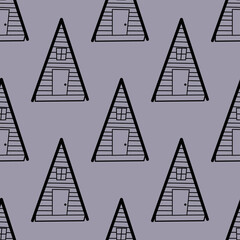 Seamless vector pattern of contour houses in the style of doodles on a purple background. The illustration is used for a magazine, book, poster, postcard, web pages.