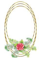 The frame is gold with a cute watercolor bouquet of spring flowers. Suitable for greeting cards,invitations,design works,crafts and hobbies.