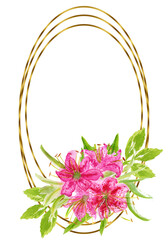 The frame is gold with a cute watercolor bouquet of spring flowers. Suitable for greeting cards,invitations,design works,crafts and hobbies.