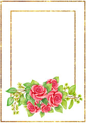 The frame is gold with a cute watercolor bouquet of spring flowers. Suitable for greeting cards,invitations,design works,crafts and hobbies.