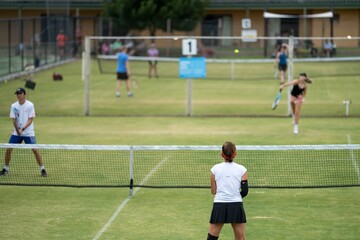Amateur playing tennis at a tournament and match on grass in Melbourne, Australia 