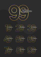 Set of Anniversary outline logotype silver and gold color with black background for celebration
