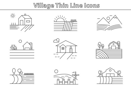 Continuous line drawing. Landscape with village and people's houses on the hill. Illustration for logo, card, banner, poster, flyer