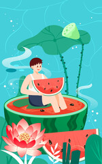 Boy sitting on top of watermelon and eating watermelon with lotus flowers and leaves in background, vector illustration