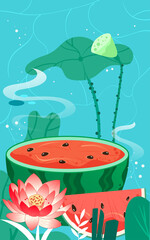Boy sitting on top of watermelon and eating watermelon with lotus flowers and leaves in background, vector illustration