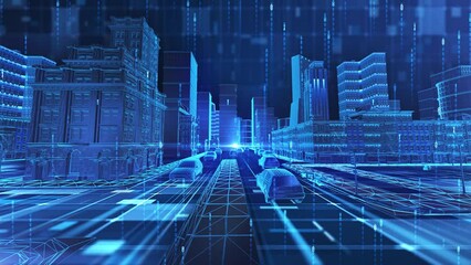 Blue technology city street, digital future architecture, futuristic street landscape. - Powered by Adobe