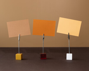Memo stand holder with clip with blank card. Mockup Writing messages. Copy space.