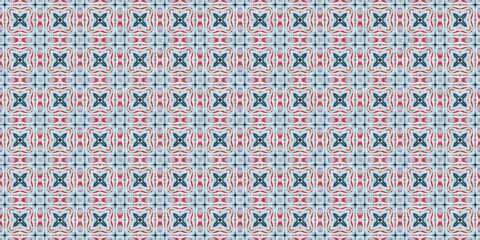 Indigo blue red batik geo nautical seamless border pattern. Modern marin geometric kaleidoscope banner. Nantucket fabric textile style. Summer rustic masculine worn linen effect edging trim tape 