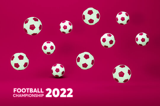 Football ball and podium on maroon brown colour background, Road to Football Cup 2022. Trendy 3d render for banner, studio, social media