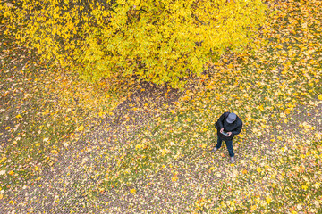 man controls the flying drone in autumn park. aerial photo, top view.