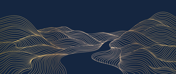 Elegant abstract line art on dark background. Luxury hand drawn and golden texture with gold wavy line. Shining wave line design for wallpaper, banner, prints, covers, wall art, home decor.