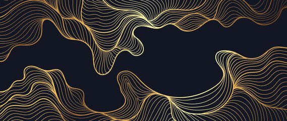 Elegant abstract line art on dark background. Luxury hand drawn and golden texture with gold wavy line. Shining wave line design for wallpaper, banner, prints, covers, wall art, home decor.