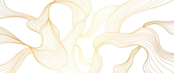 Elegant abstract line art on white background. Luxury hand drawn and golden texture with gold gradient wavy line. Shining wave line design for wallpaper, banner, prints, covers, wall art, home decor.