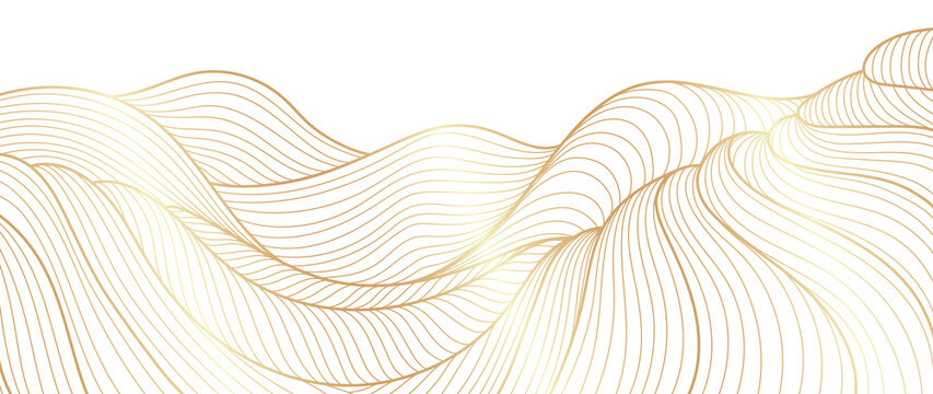 Elegant abstract line art on white background. Luxury hand drawn and golden texture with gold gradient wavy line. Shining wave line design for wallpaper, banner, prints, covers, wall art, home decor.