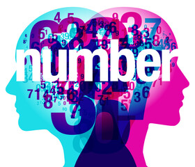 A male and female back-to-back silhouette overlaid with various sized semi-transparent numerals. Overlaid centrally is the word “number” in solid white.