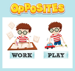 Opposite English words with work and play
