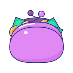 Pink purse with green dollar bills and golden coins. Cash payments, earnings or salary, financial independence and investments cartoon vector illustration isolated white background