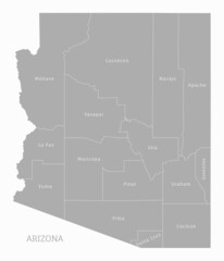 Highly detailed gray map of Arizona, US state Administrative map of Arizona with territory borders and names of departments realistic vector illustration