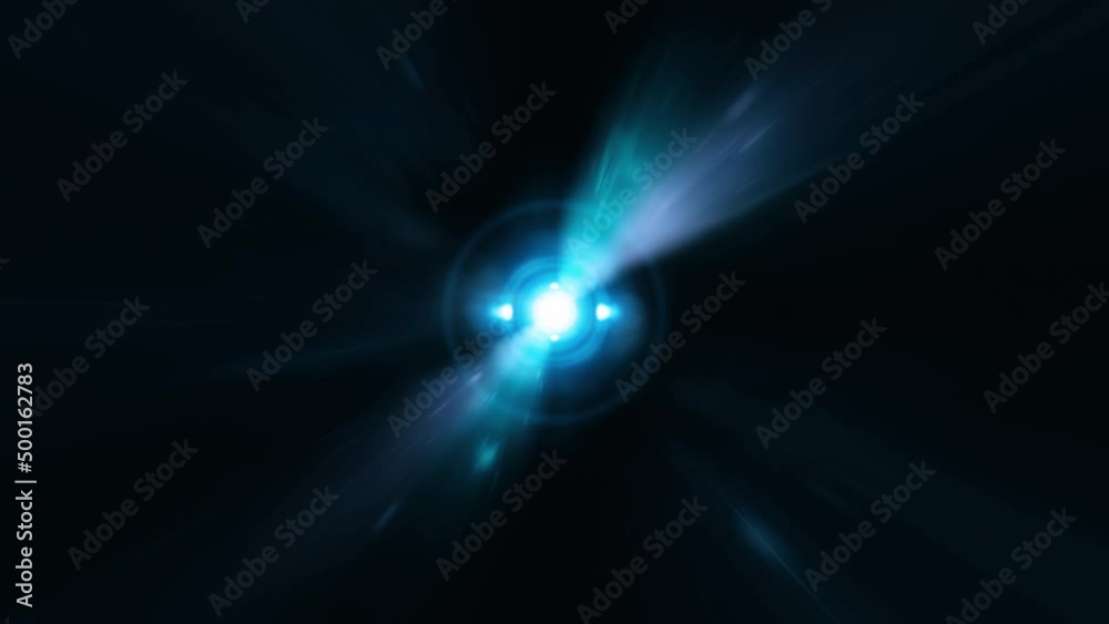 Poster abstract blue center optical flare light background with streak beam fractal noise effect loop. 4k 3