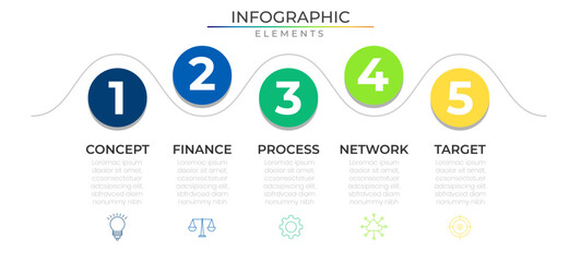 Timeline horizontal row business infographic design vector. Five annual plan network project template for presentation and report.