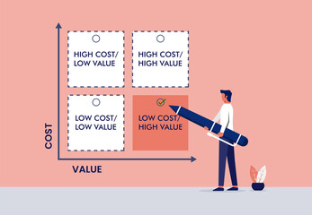 Man checking list the target of cost vs value concept. Business vector illustration - obrazy, fototapety, plakaty