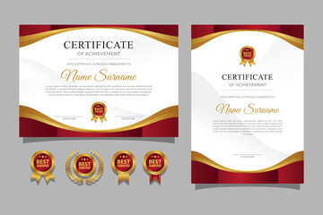 Horizontal and vertical certificate design template with red border and gold badges