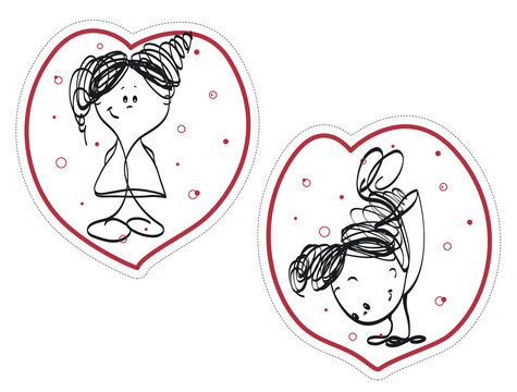 Two funny girls on a white background. Stickers hearts sketch.