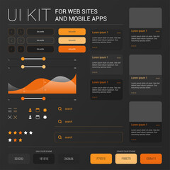 Orange color dark UI kit with buttons, search form, statistic element, and cards for web site design and mobile apps. Static hover and pressed elements, hex color scheme. - obrazy, fototapety, plakaty