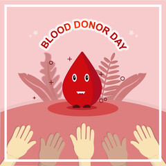 cute blood drop character on World Blood Donor Day. Illustration of several hands wanting to donate decorated with clouds and leaves.