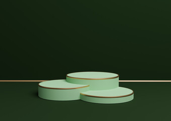 Dark, warm green 3D rendering simple product display with three podiums or stand with golden line minimal background composition for luxurious products