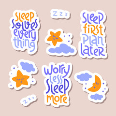 Set of nap lettering quotes with decorative sleep elements on background.