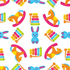Toy cute horse, bunny and xylophone seamless pattern