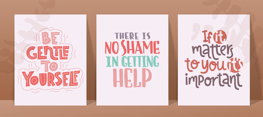 Mental health slogans set. Handwritten positive self-talk inspirational quotes.