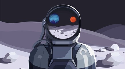Vector illustration of space, astronaut on the moon, with a reflection on the helmet of the moon and mercury, for a poster, banner or background. Polygonal style.