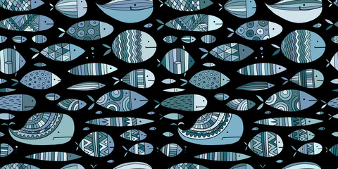 Funny fishes collection, ethnic ornament. Childish style. Seamless pattern for your design © Kudryashka