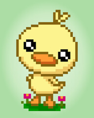 8-bit duck pixels. Animal game assets in vector illustrations.