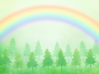 森と虹　水彩背景素材