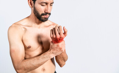 Obraz premium Arthritis wrist concept, Person with wrist pain, Man with pain in hands concept, Arthritis man rubbing, Person with wrist pain