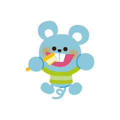 元気よく歯磨きをするネズミさんのイラスト