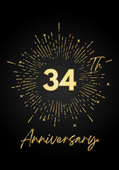 Naklejka premium 34 years golden anniversary logo celebration with a firework on black background. 34 years anniversary card template. vector design for greeting cards, birthday, wedding events, and invitation card