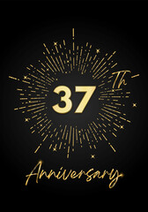 37 years golden anniversary logo celebration with a firework on black background. 37 years anniversary card template. vector design for greeting cards, birthday, wedding events, and invitation card