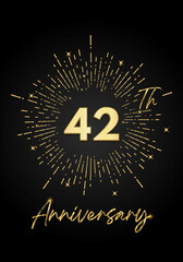 Fototapeta premium 42 years golden anniversary logo celebration with a firework on black background. 42 years anniversary card template. vector design for greeting cards, birthday, wedding events, and invitation card