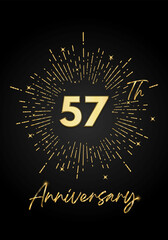 57 years golden anniversary logo celebration with a firework on black background. 57 years anniversary card template. vector design for greeting cards, birthday, wedding events, and invitation card