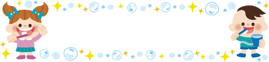 歯磨きをしているこどものフレームのイラスト