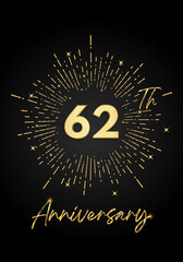 62 years golden anniversary logo celebration with a firework on black background. 62 years anniversary card template. vector design for greeting cards, birthday, wedding events, and invitation card