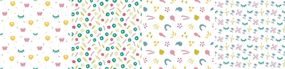 Set of seamless patterns in cutout style. Vector backgrounds